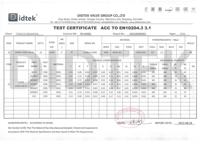 Certificat de test du clapet anti-retour ACC à EN10204.3 3