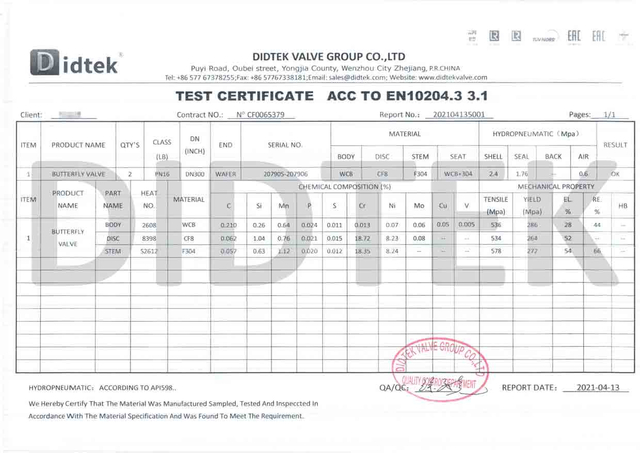 Certificat de test de soupape de papillon ACC à EN10204.3 3
